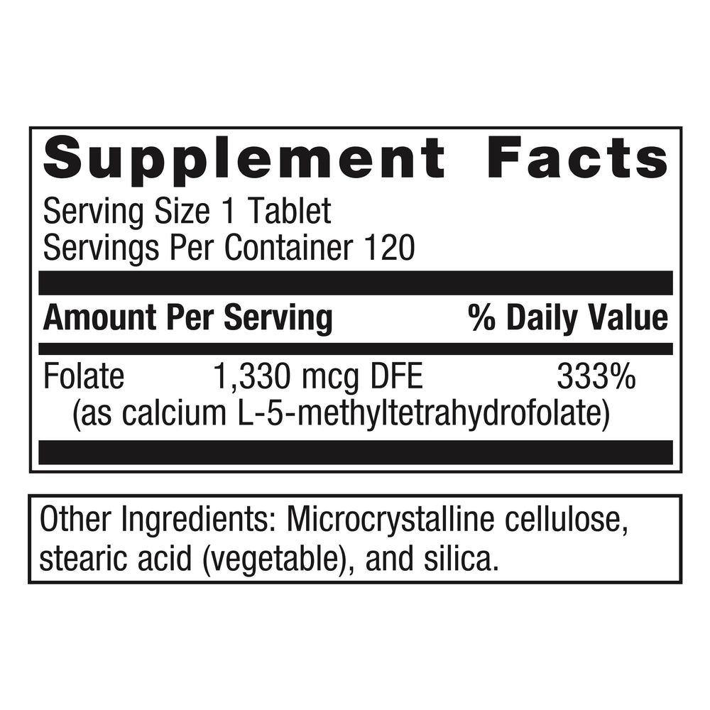 Close-up of L-5-MTHF folate 1330 mcg DFE per tablet on label