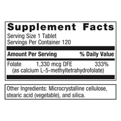 Close-up of L-5-MTHF folate 1330 mcg DFE per tablet on label