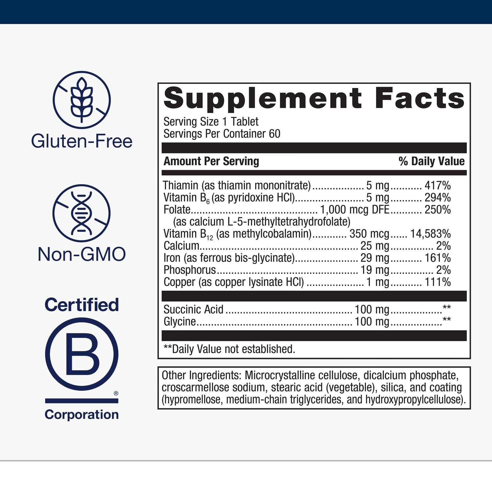 Close-up of supplement facts showing iron, B6, B12, and folate