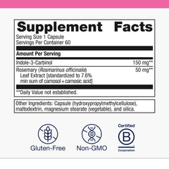 Infographic showing 150 mg indole-3-carbinol per capsule