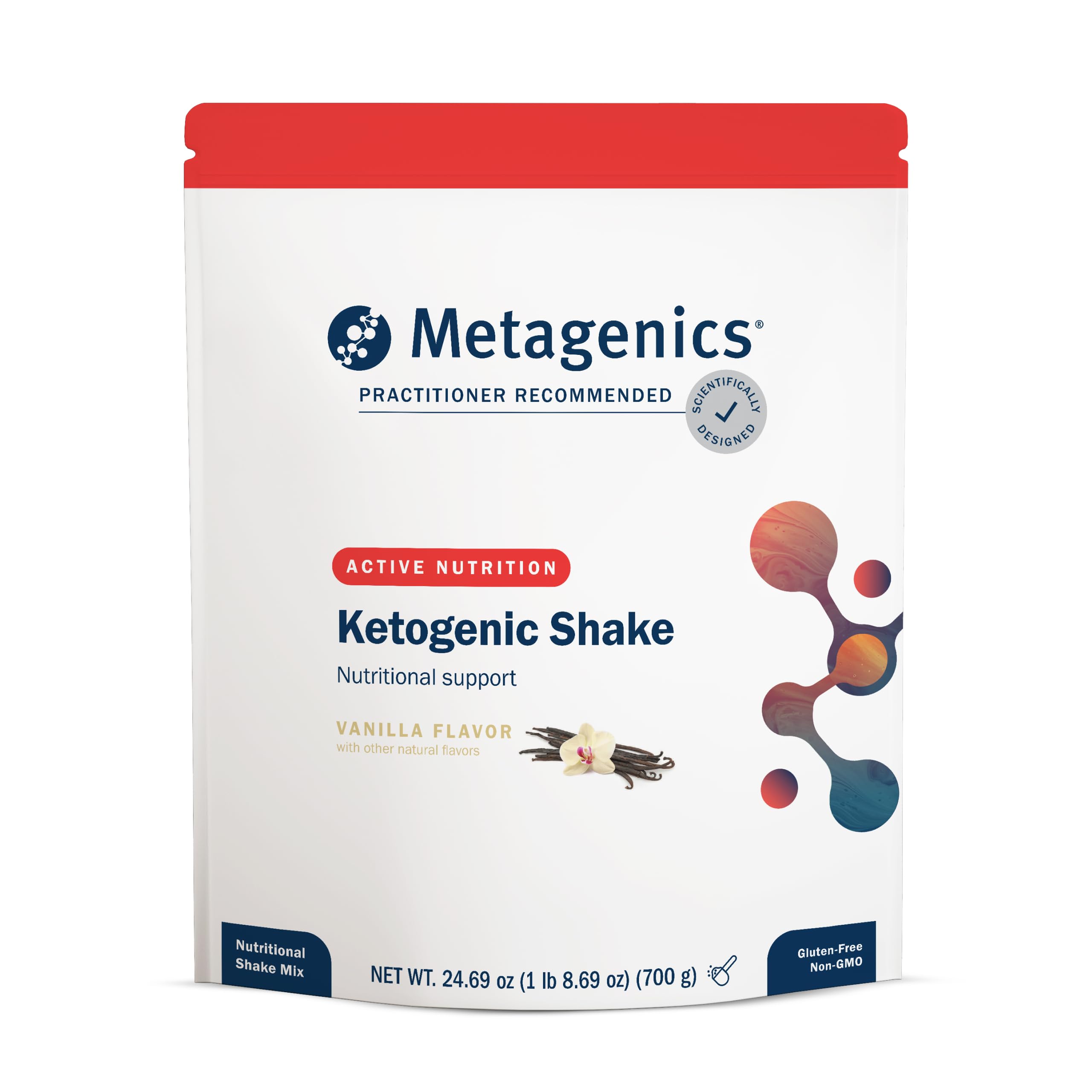 Metagenics Ketogenic Shake packaging highlights keto-friendly meal replacement convenience