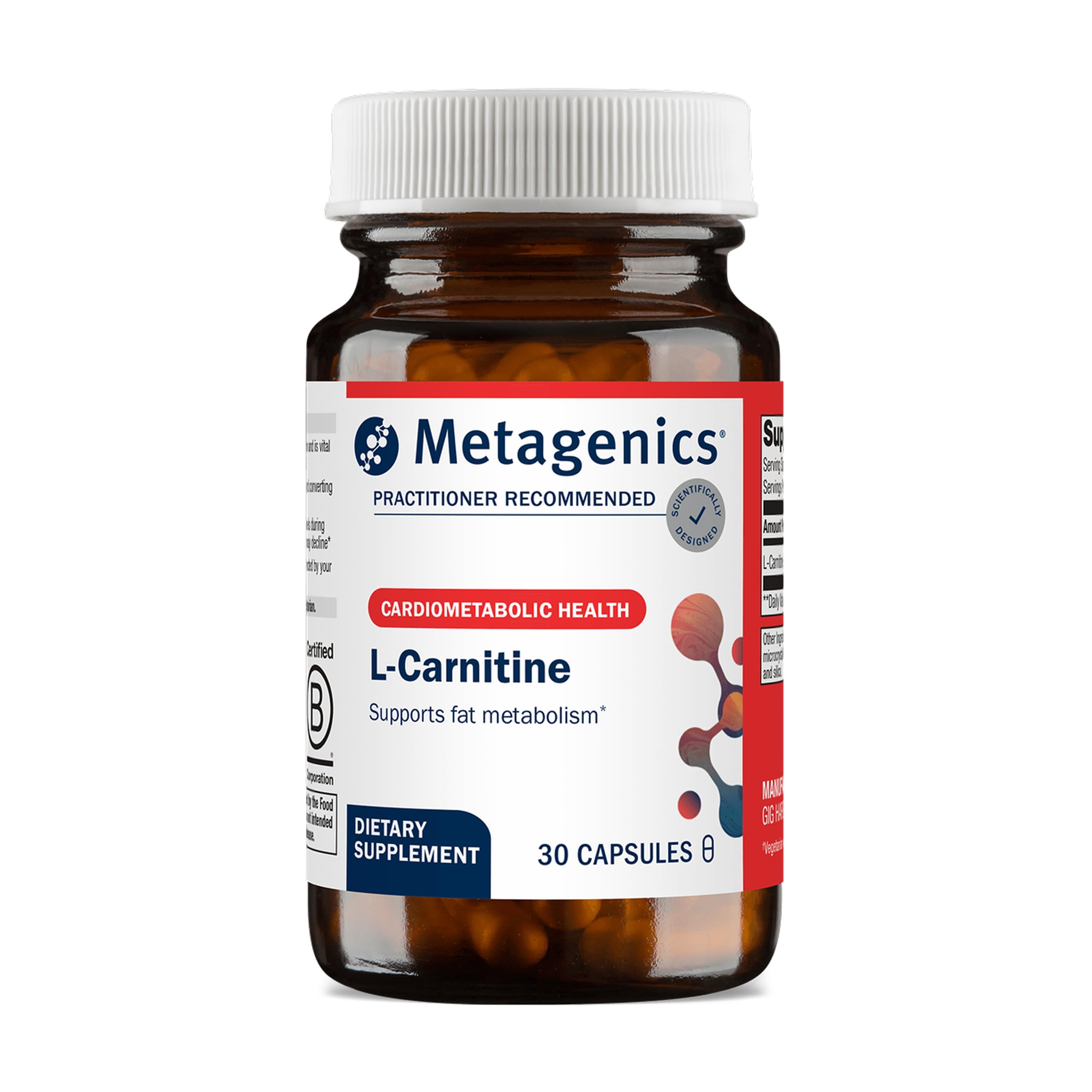 Metagenics L-Carnitine capsules bottle close-up highlighting energy support and fat metabolism.