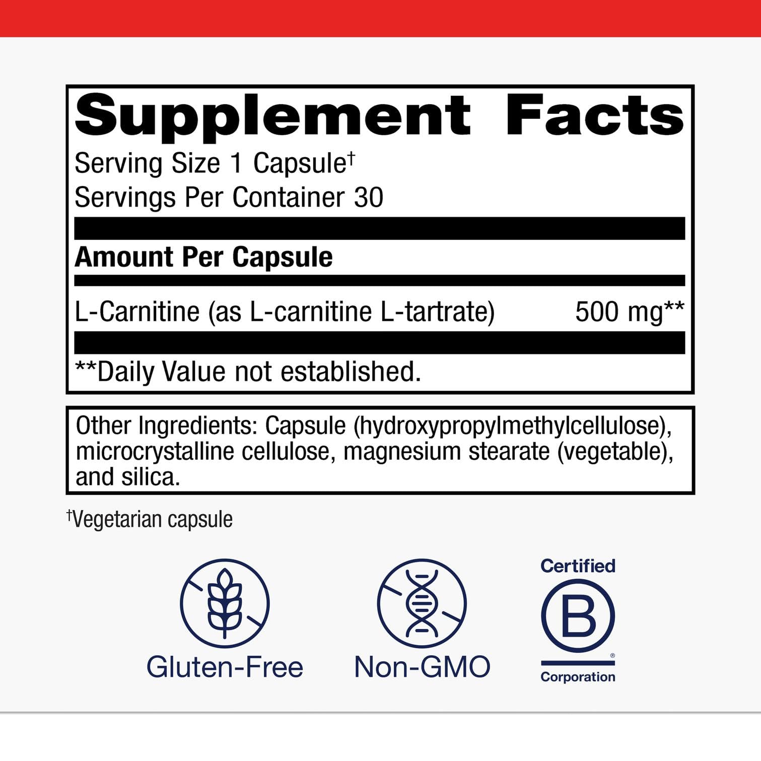 Metagenics L-Carnitine label detail emphasizing 500 mg L-Tartrate for athletic performance.