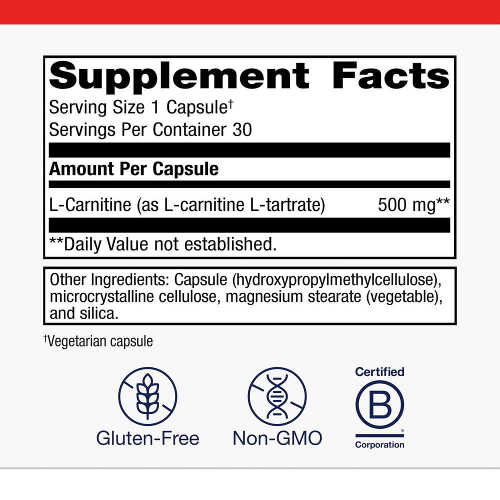 Metagenics L-Carnitine label detail emphasizing 500 mg L-Tartrate for athletic performance.