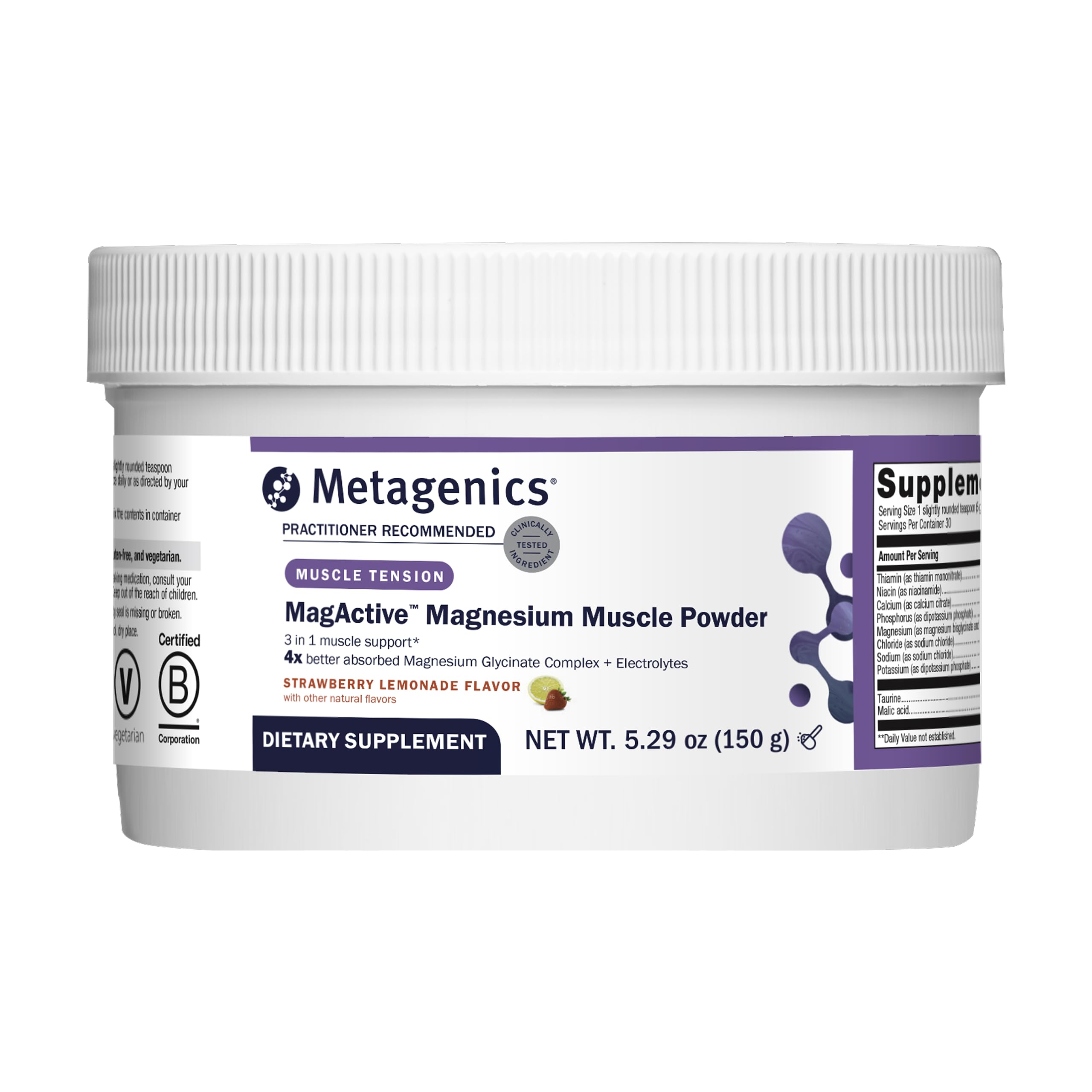 Front packaging of Metagenics MagActive Magnesium Muscle Powder 150 g Strawberry Lemonade