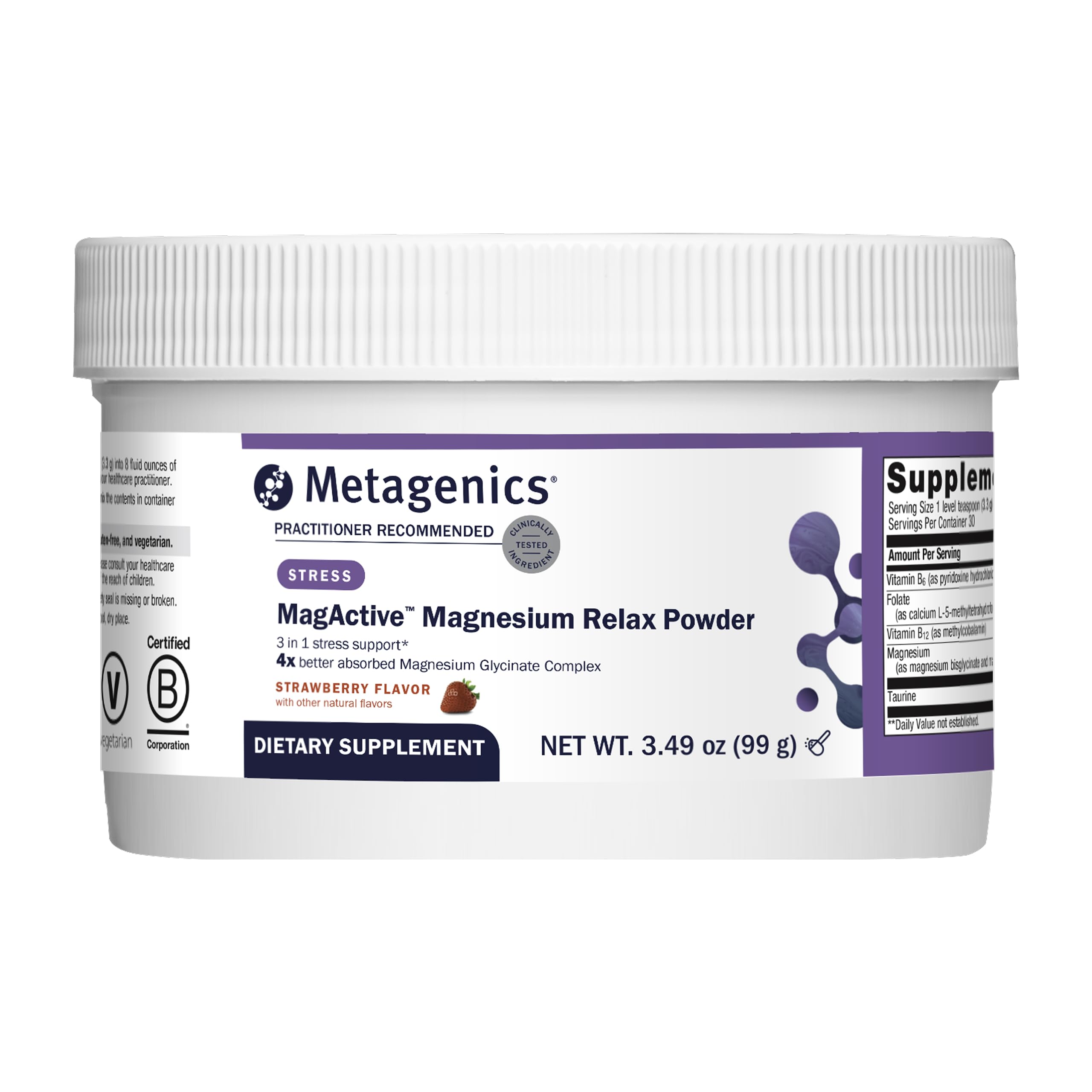 Front view of Metagenics MagActive Magnesium Relax powder container with strawberry flavor label