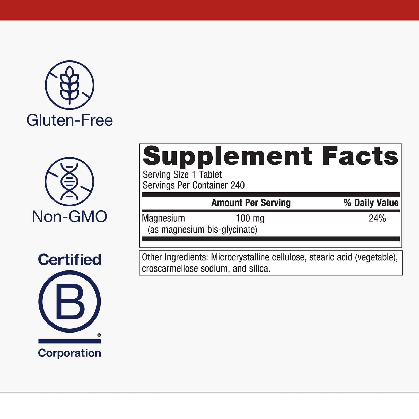 Ingredient panel highlighting 100 mg magnesium bisglycinate per tablet