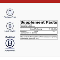 Ingredient panel highlighting 100 mg magnesium bisglycinate per tablet