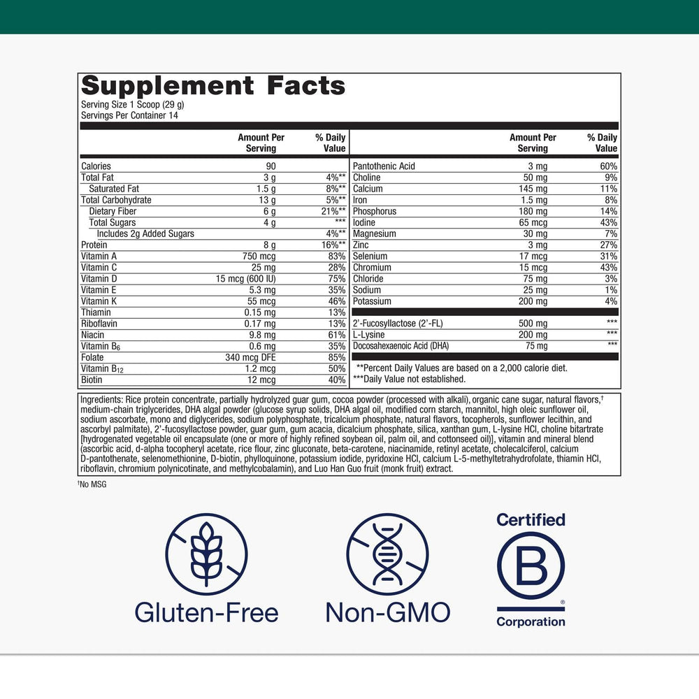 Metagenics MetaKids Nutrition Powder Chocolate flavor 14.32 oz back label showing directions