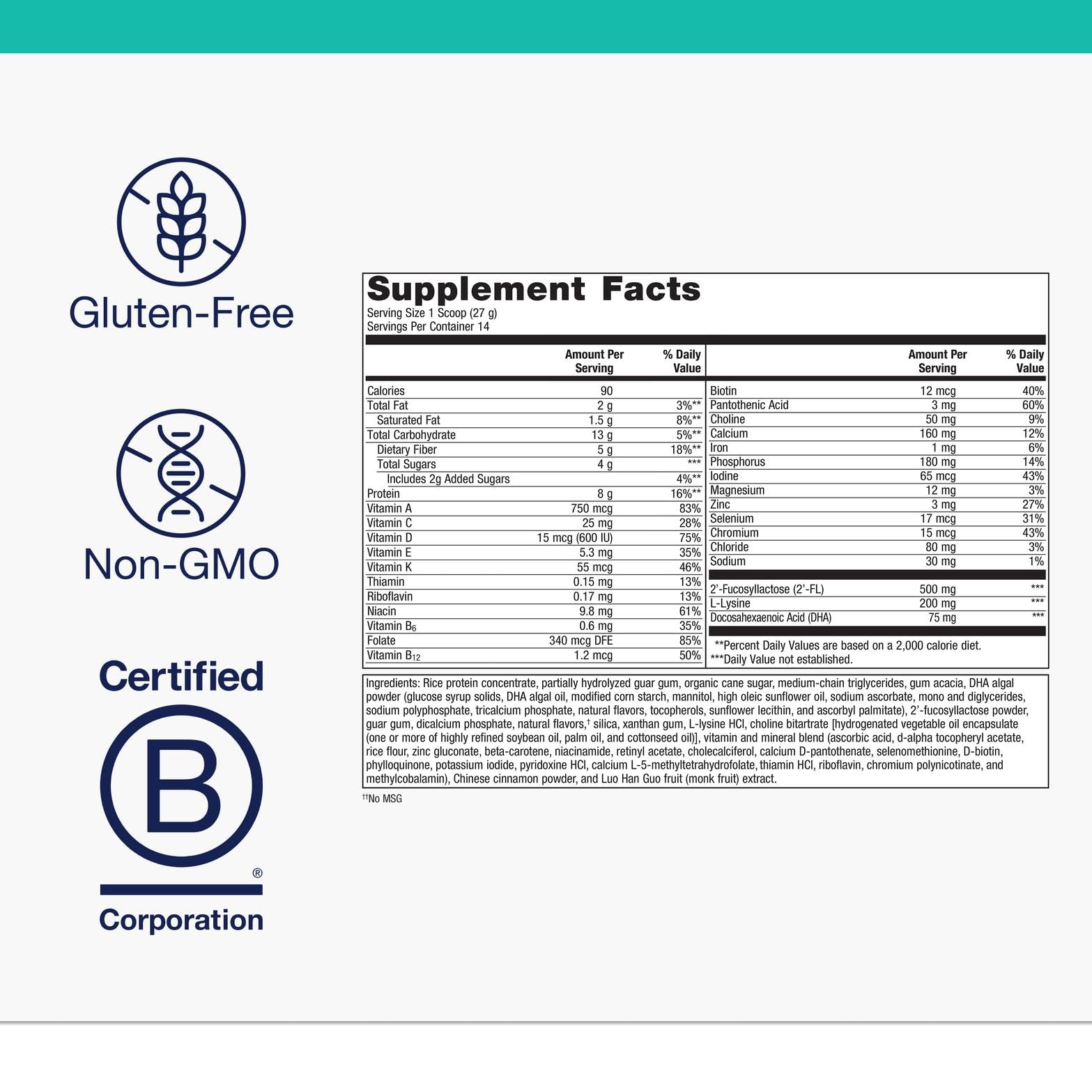 Ingredients and nutrients for MetaKids Nutrition Powder