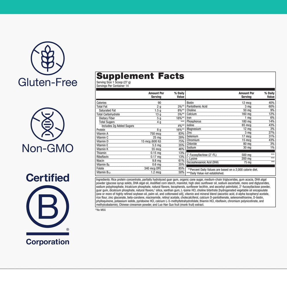 Ingredients and nutrients for MetaKids Nutrition Powder