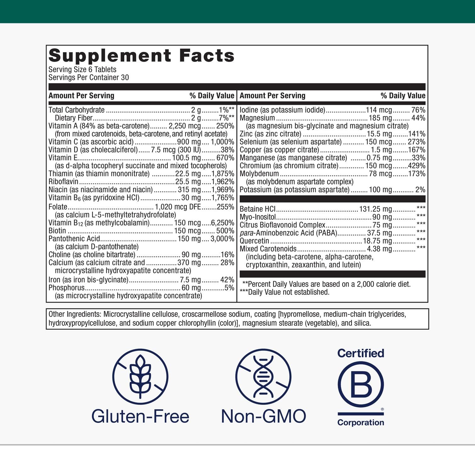 Close-up of ingredients highlighting calcium L-5-methyltetrahydrofolate and Caro-xan carotenoids