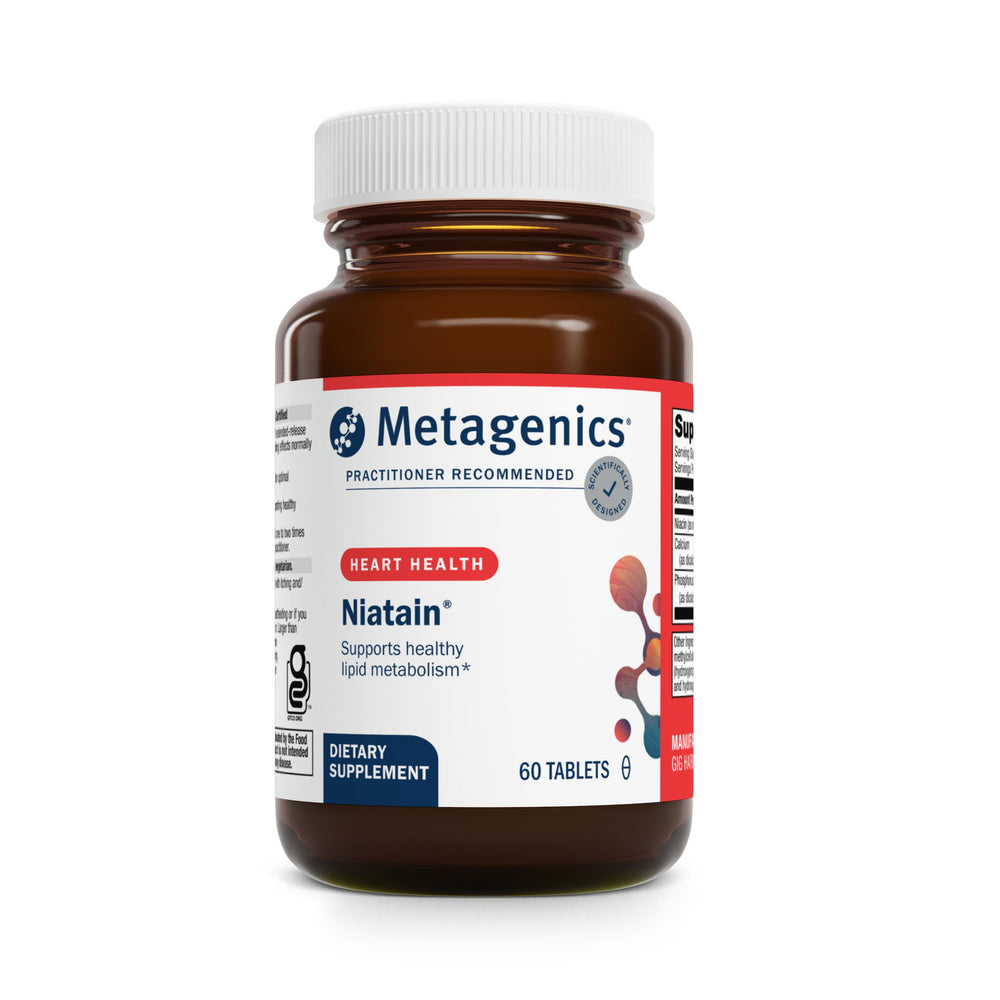 Front view of Metagenics Niatain Niacin B3-500 mg extended-release bottle