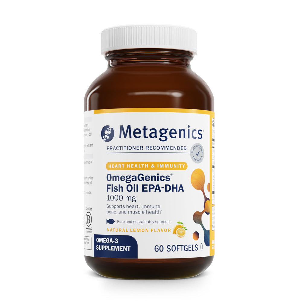 Bottle of Metagenics OmegaGenics EPA-DHA 1000 mg softgels front view