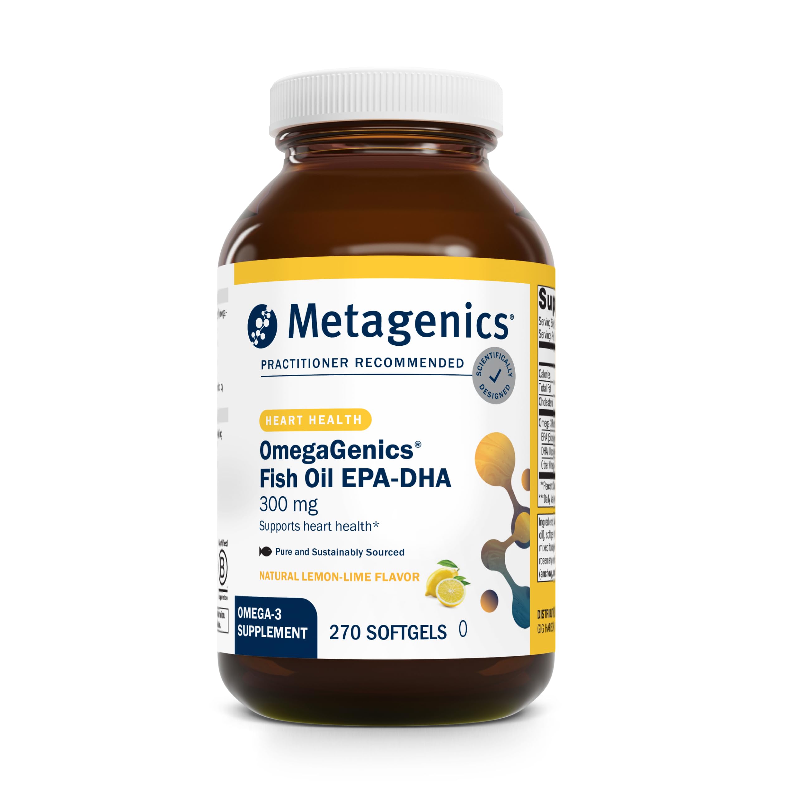 Metagenics OmegaGenics Fish Oil softgel with 180 mg EPA and 120 mg DHA per softgel