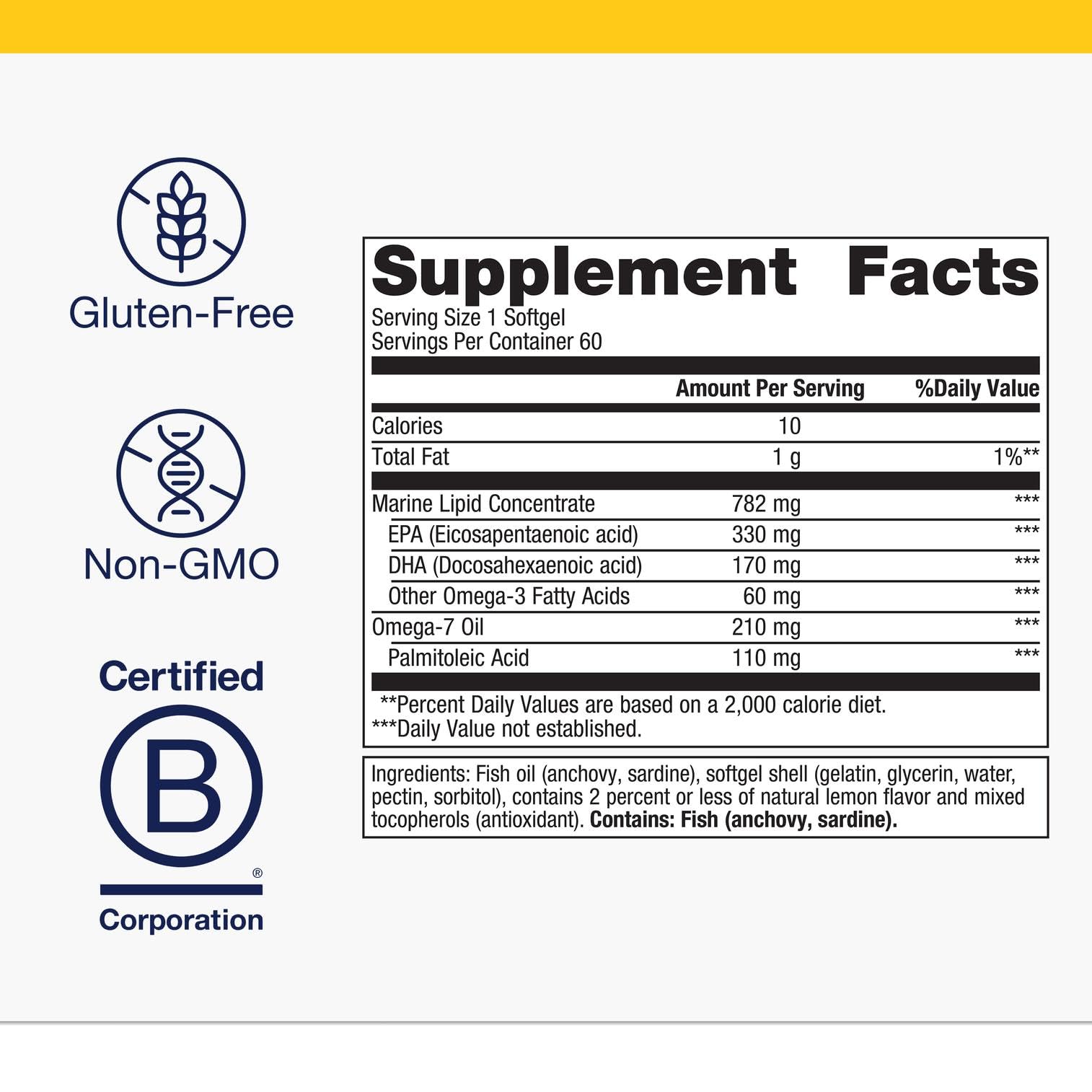 Product label close-up showing ingredients and Omega-7