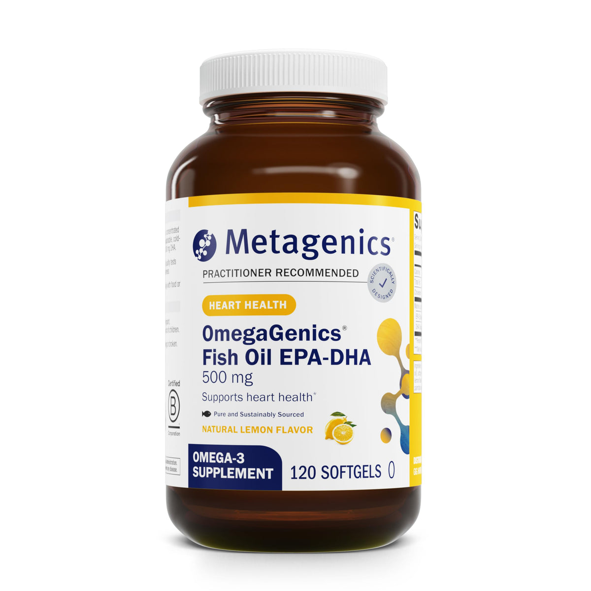 Metagenics OmegaGenics EPA-DHA 500 bottle with softgels supports cardiovascular health