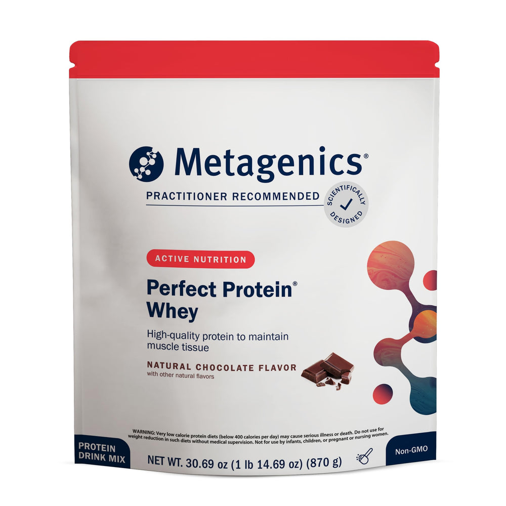 Metagenics Perfect Protein chocolate shake in glass for post-workout recovery