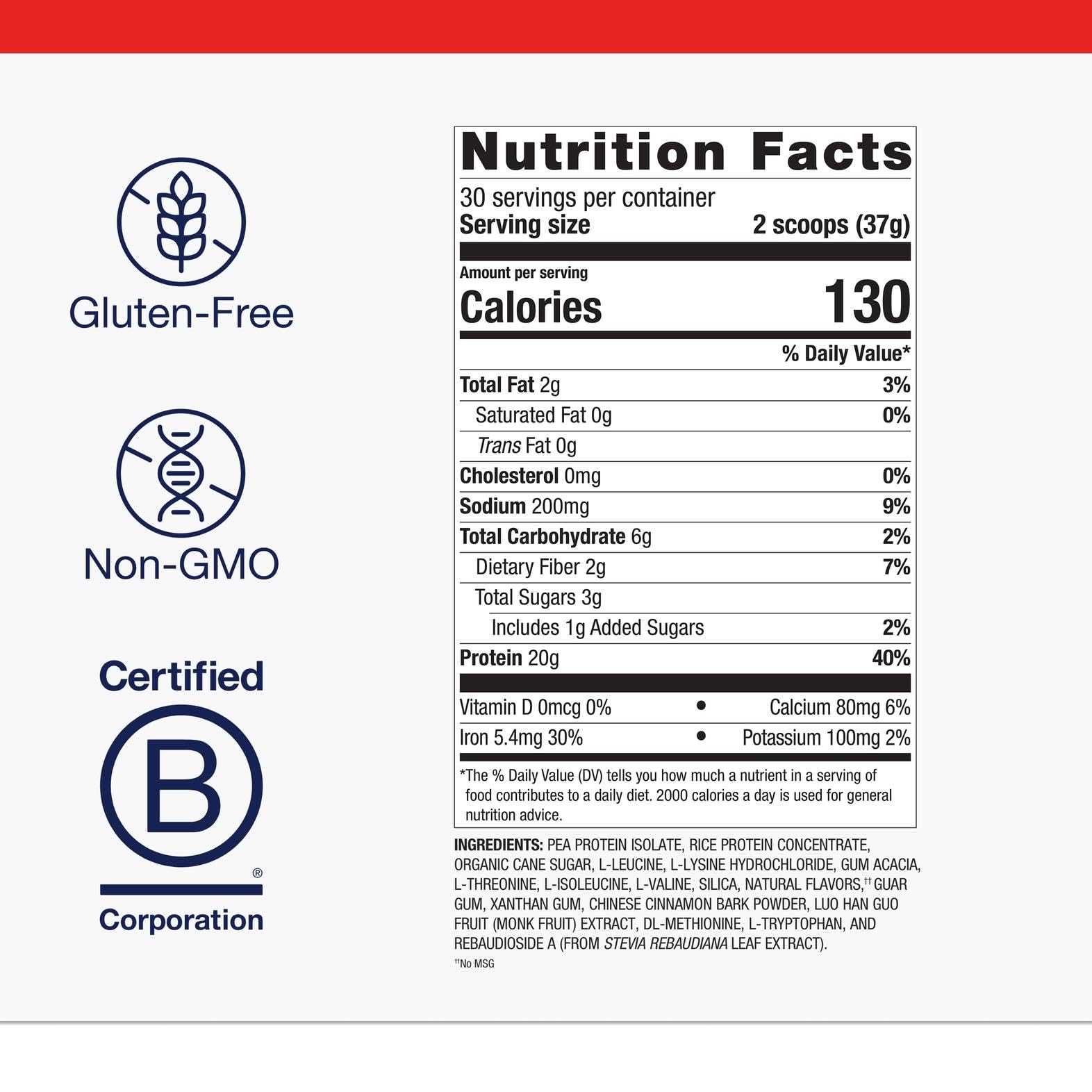 Metagenics Perfect Protein Pea and Rice vanilla shake glass shows 20g protein per serving