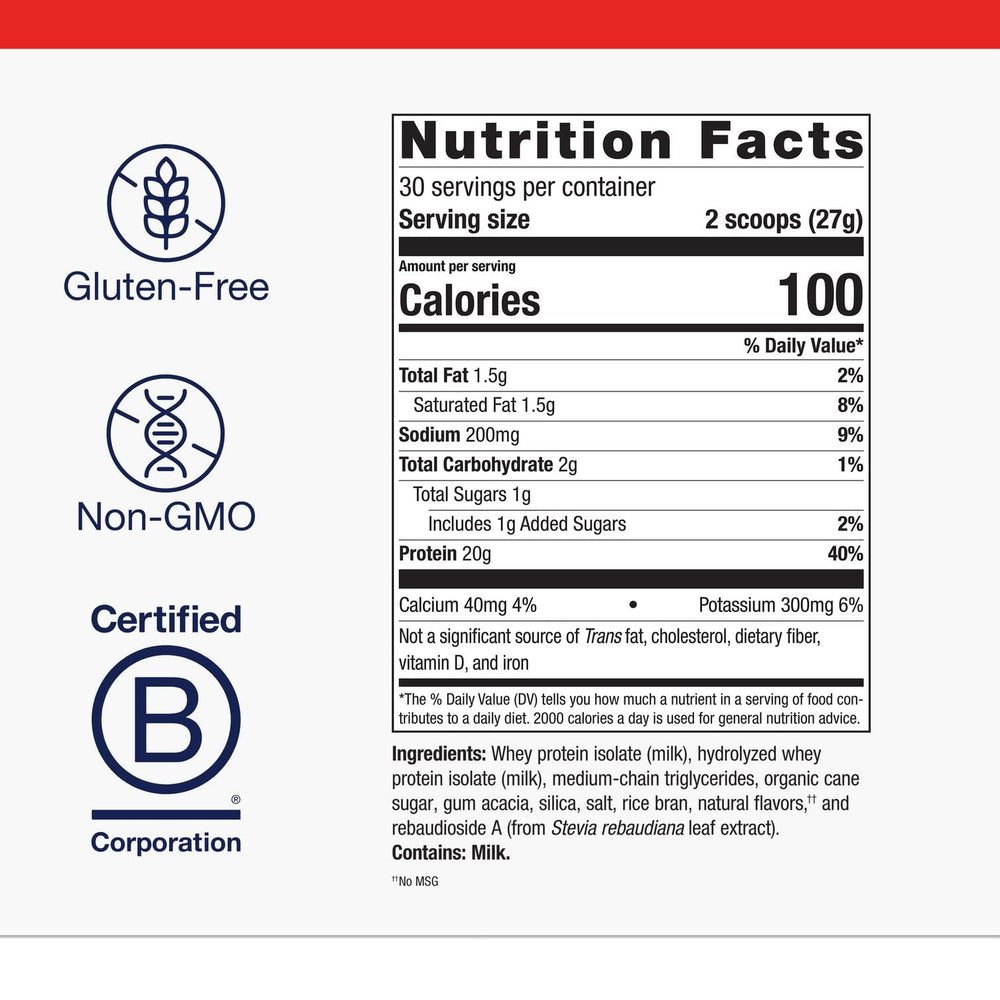 Metagenics Perfect Protein whey ingredients panel—amino acid profile supports metabolism.
