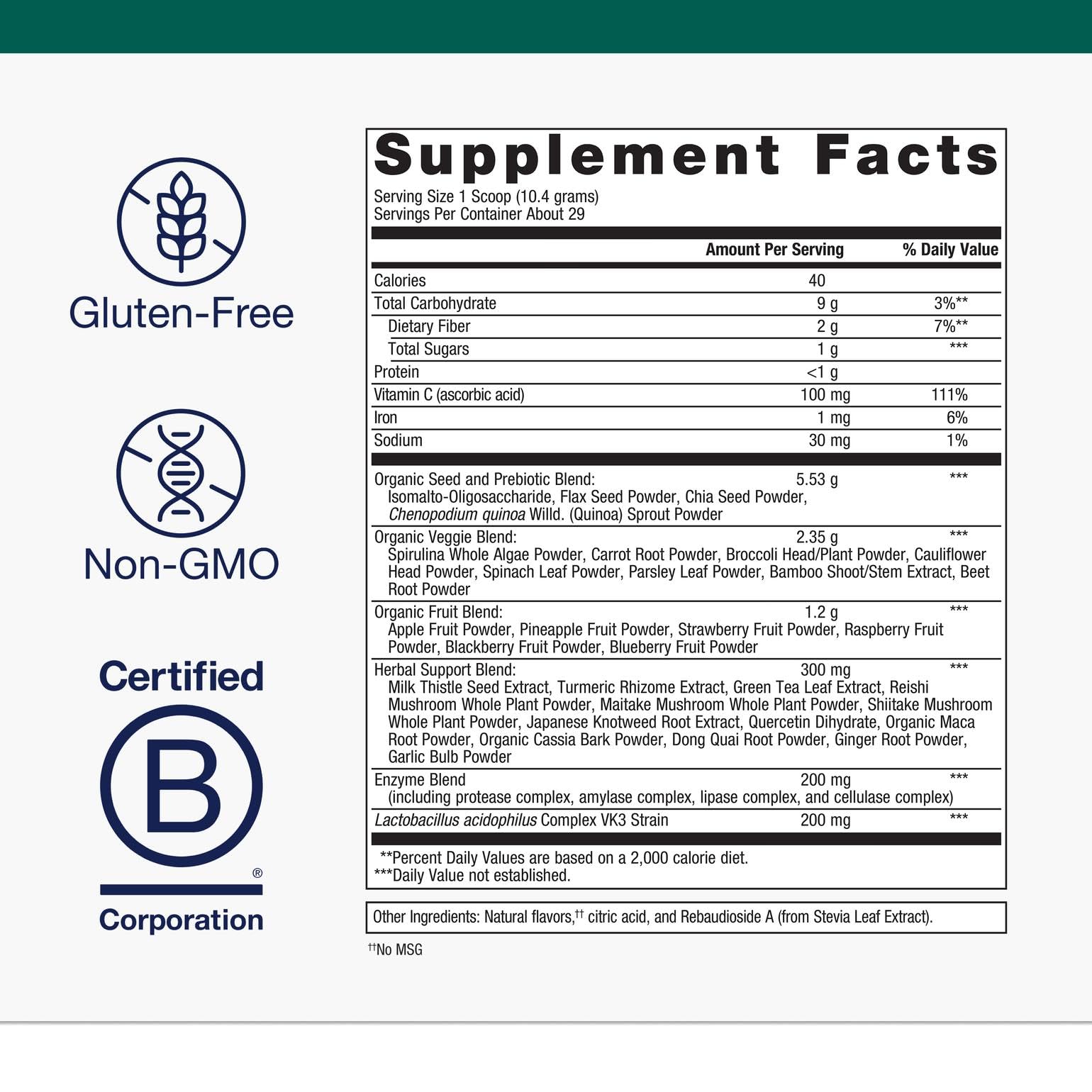 Back label showing nutrition facts and ingredients