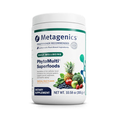 Front view of Metagenics PhytoMulti Superfoods Tropical Fruit flavor container 10.58 oz