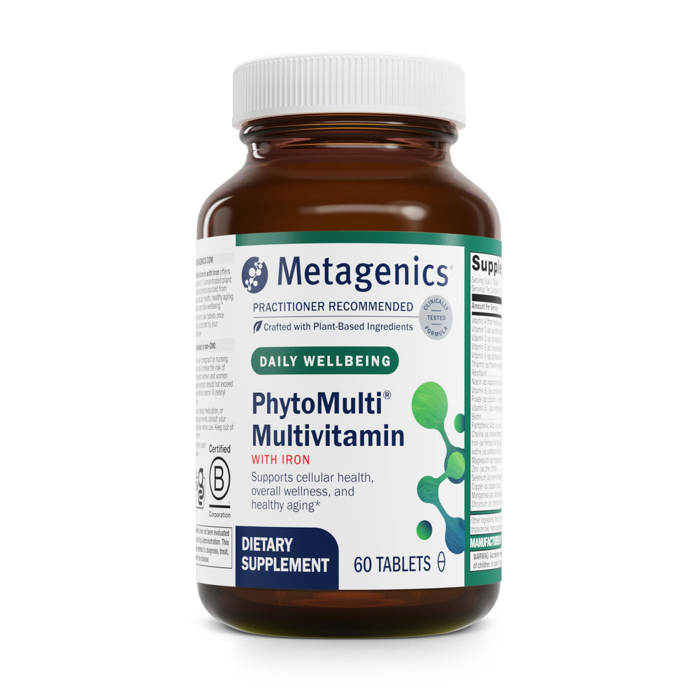 Front view of Metagenics PhytoMulti with Iron bottle containing 60 tablets