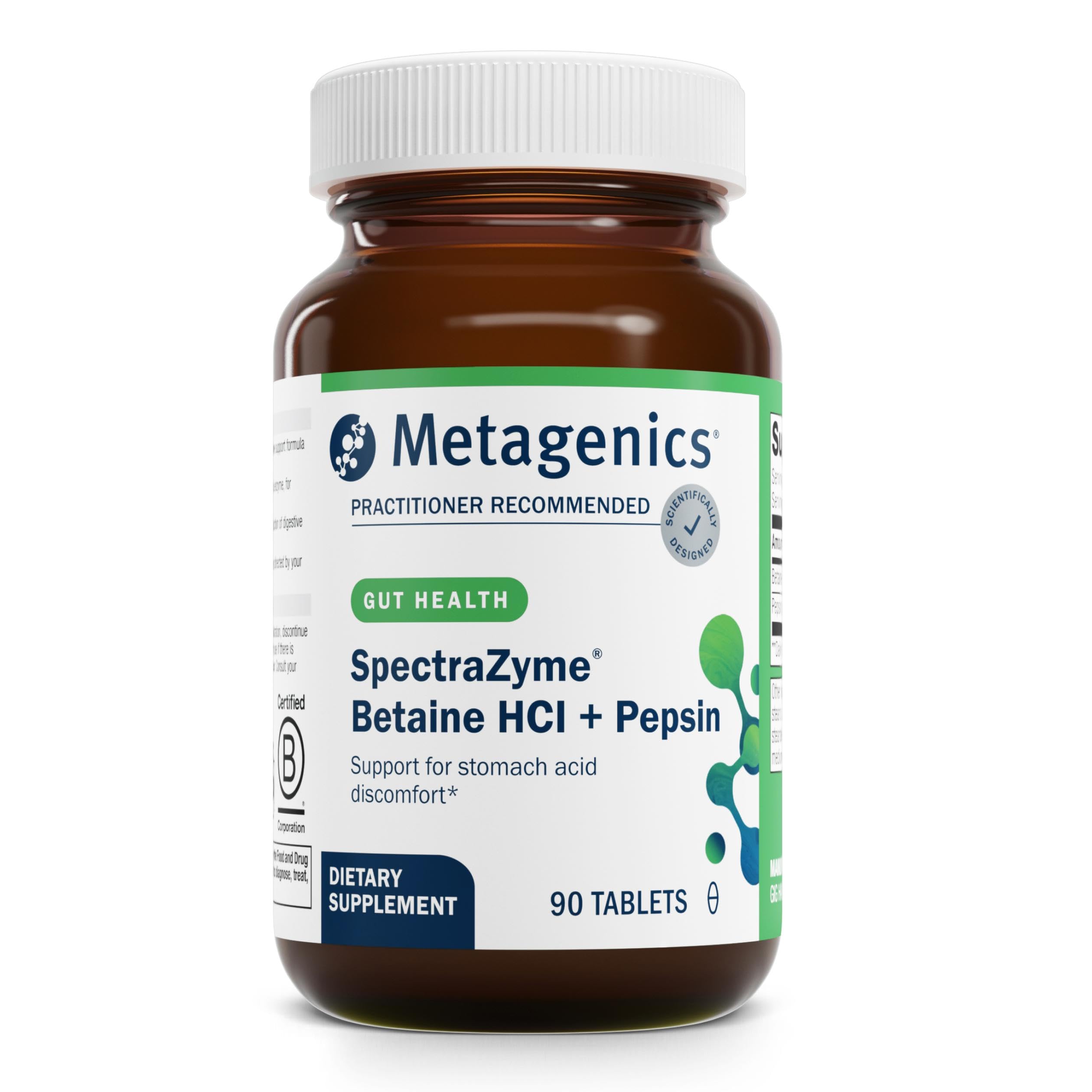 Bottle of Metagenics SpectraZyme Betaine HCI + Pepsin, 90 tablets