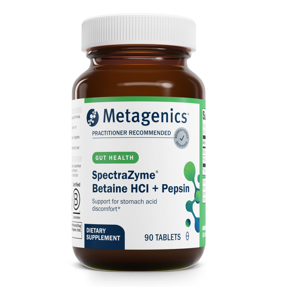 Bottle of Metagenics SpectraZyme Betaine HCI + Pepsin, 90 tablets