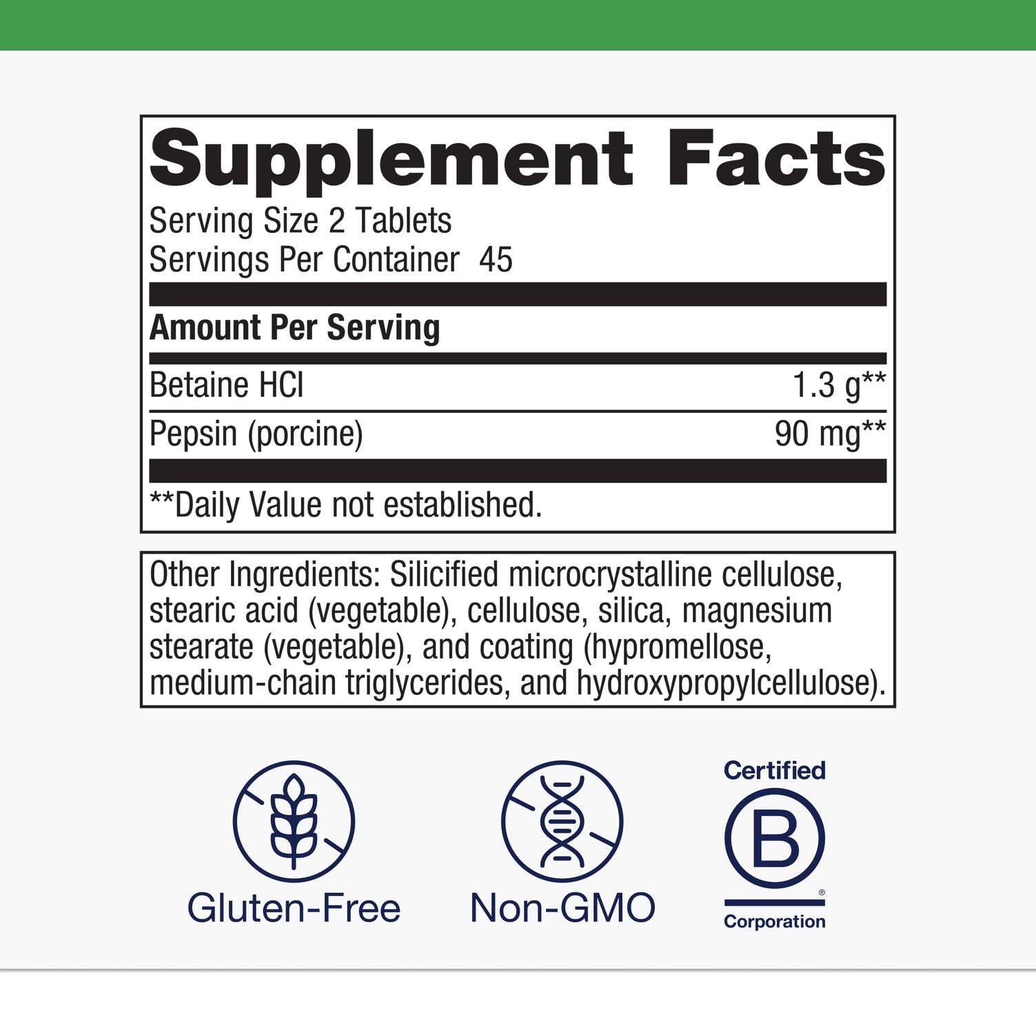 Close-up of Betaine HCI and Pepsin ingredients on the label