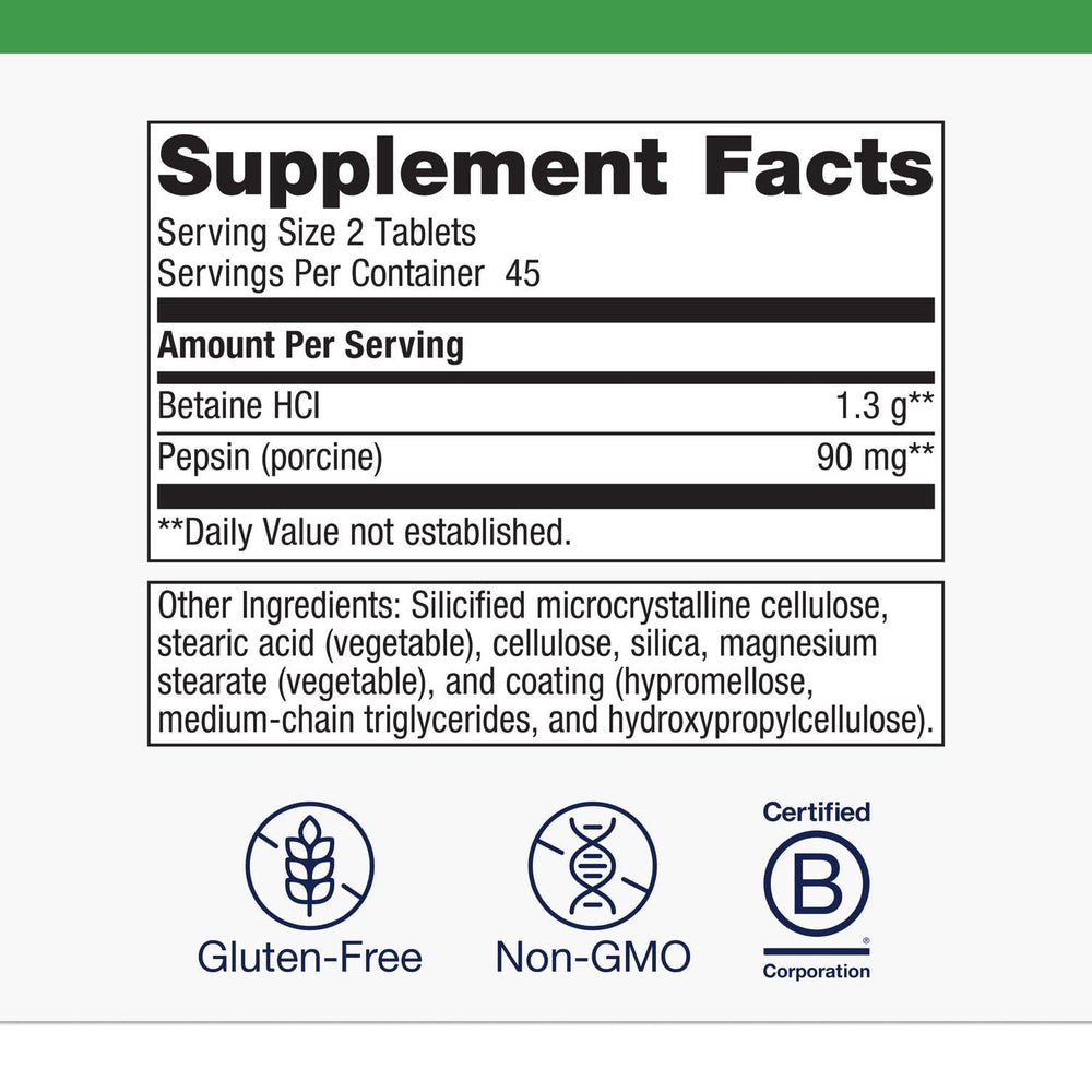 Close-up of Betaine HCI and Pepsin ingredients on the label