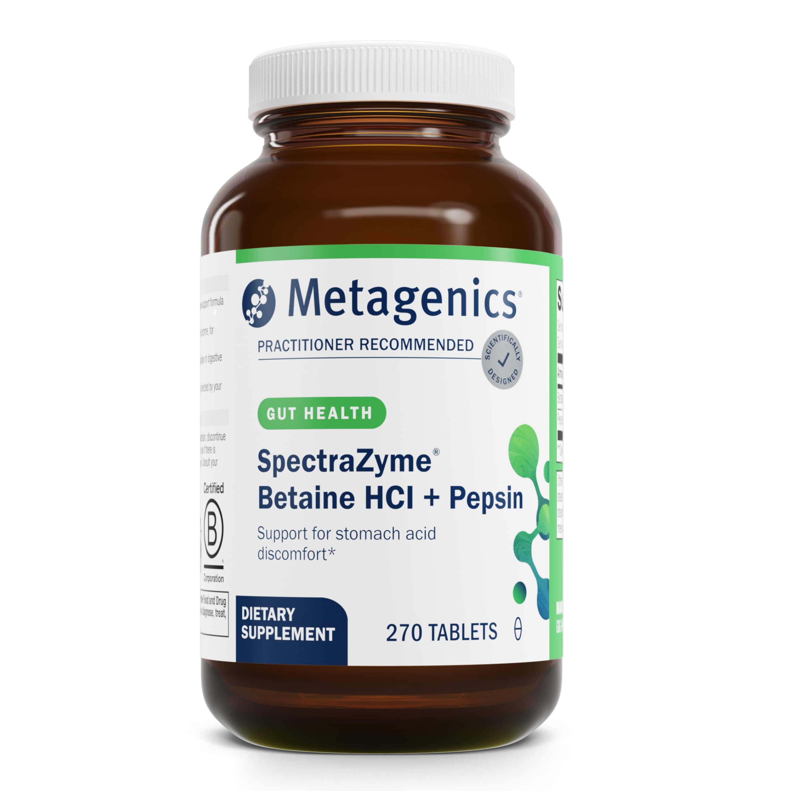 Product front view of Metagenics SpectraZyme Betaine HCl + Pepsin bottle with 270 tablets