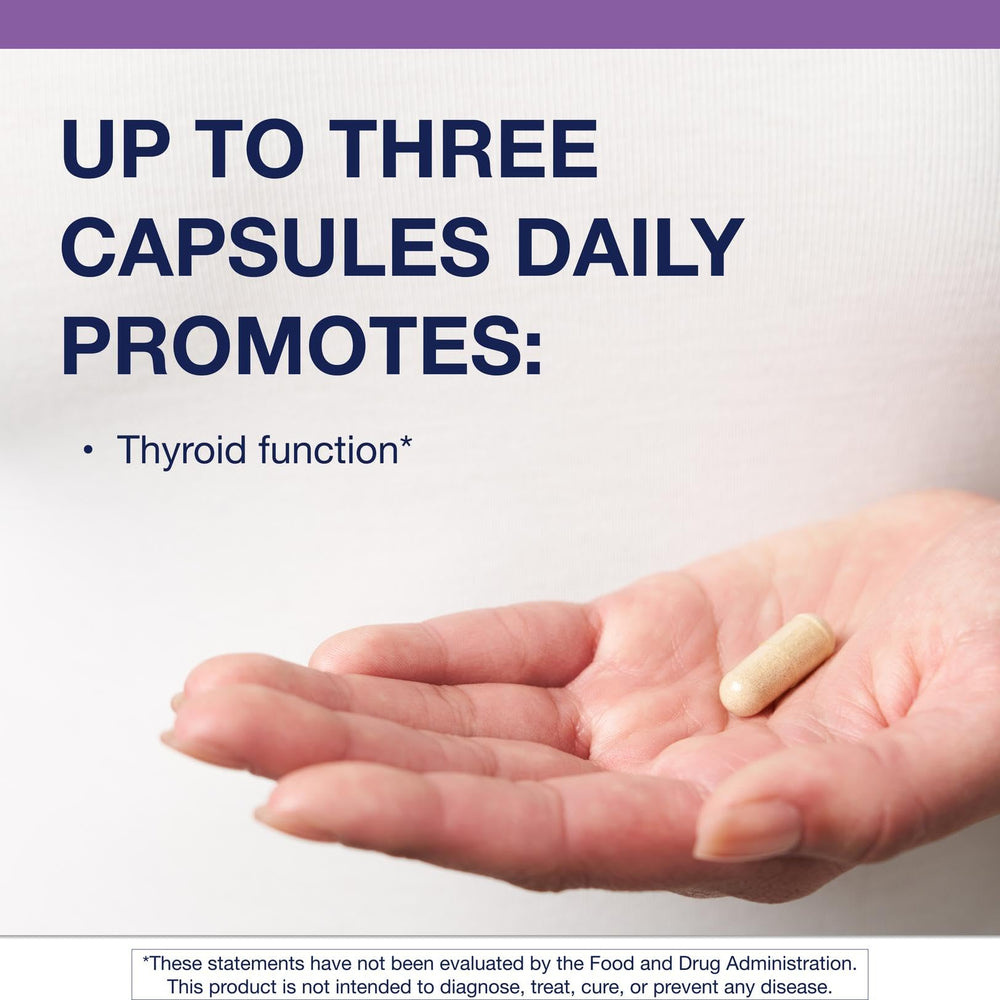 Three vegetarian Thyrosol capsules next to bottle