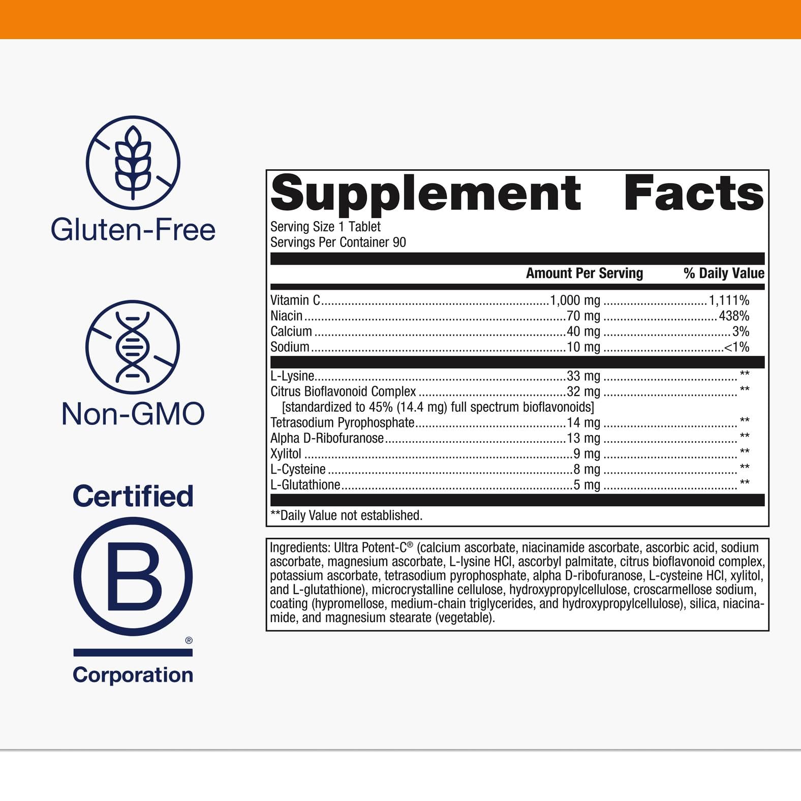 Rear label with supplement facts for Metagenics Ultra Potent-C 1000