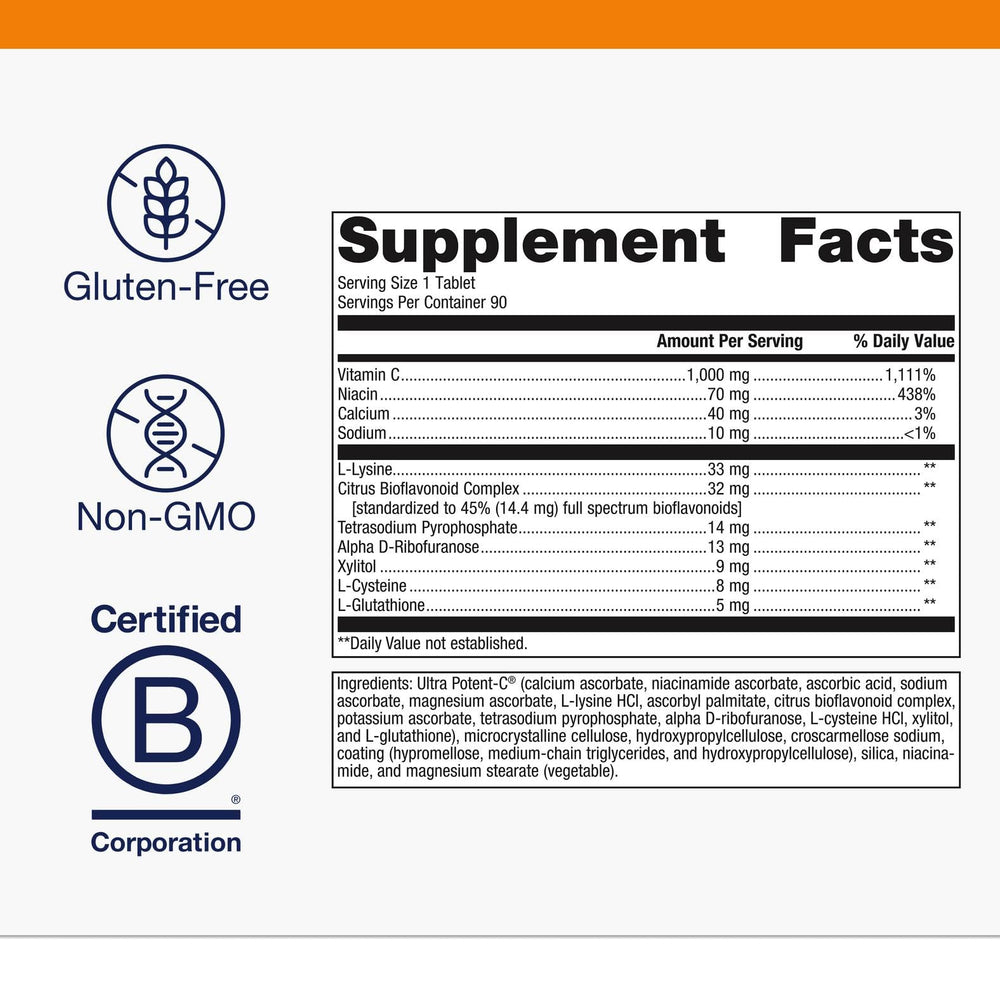 Rear label with supplement facts for Metagenics Ultra Potent-C 1000