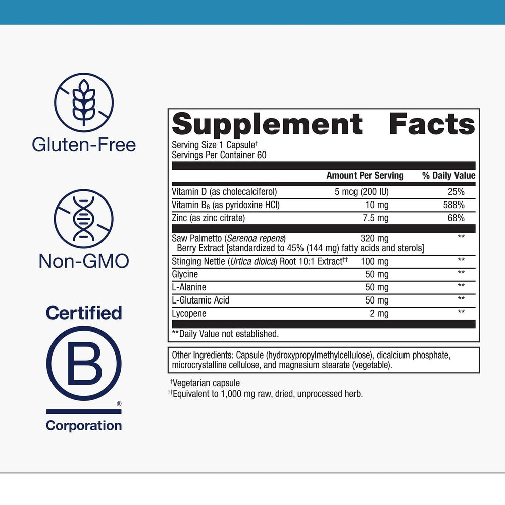 Prostate and urinary health ingredients: saw palmetto, stinging nettle, lycopene, zinc