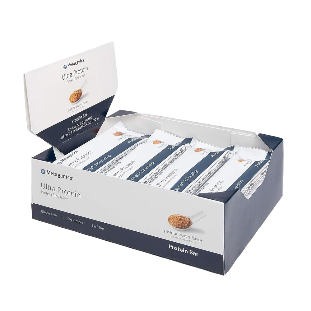 Metagenics Ultra Protein Bar packaging featuring peanut butter flavor for on-the-go fueling.