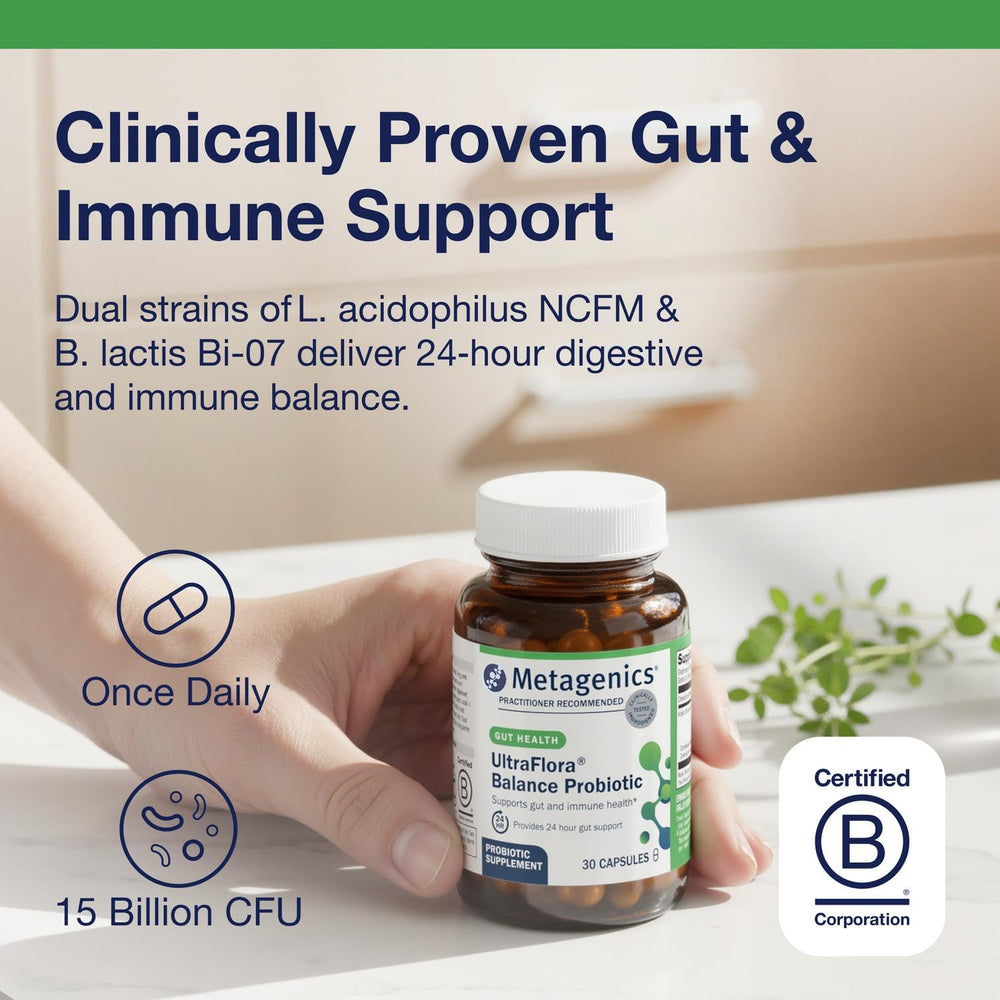 Close-up of probiotic label featuring B. lactis Bi-07 and L. acidophilus NCFM