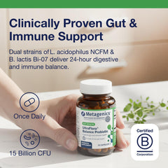 Close-up of probiotic label featuring B. lactis Bi-07 and L. acidophilus NCFM