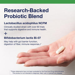 Shelf-stable probiotic packaging indicating no refrigeration