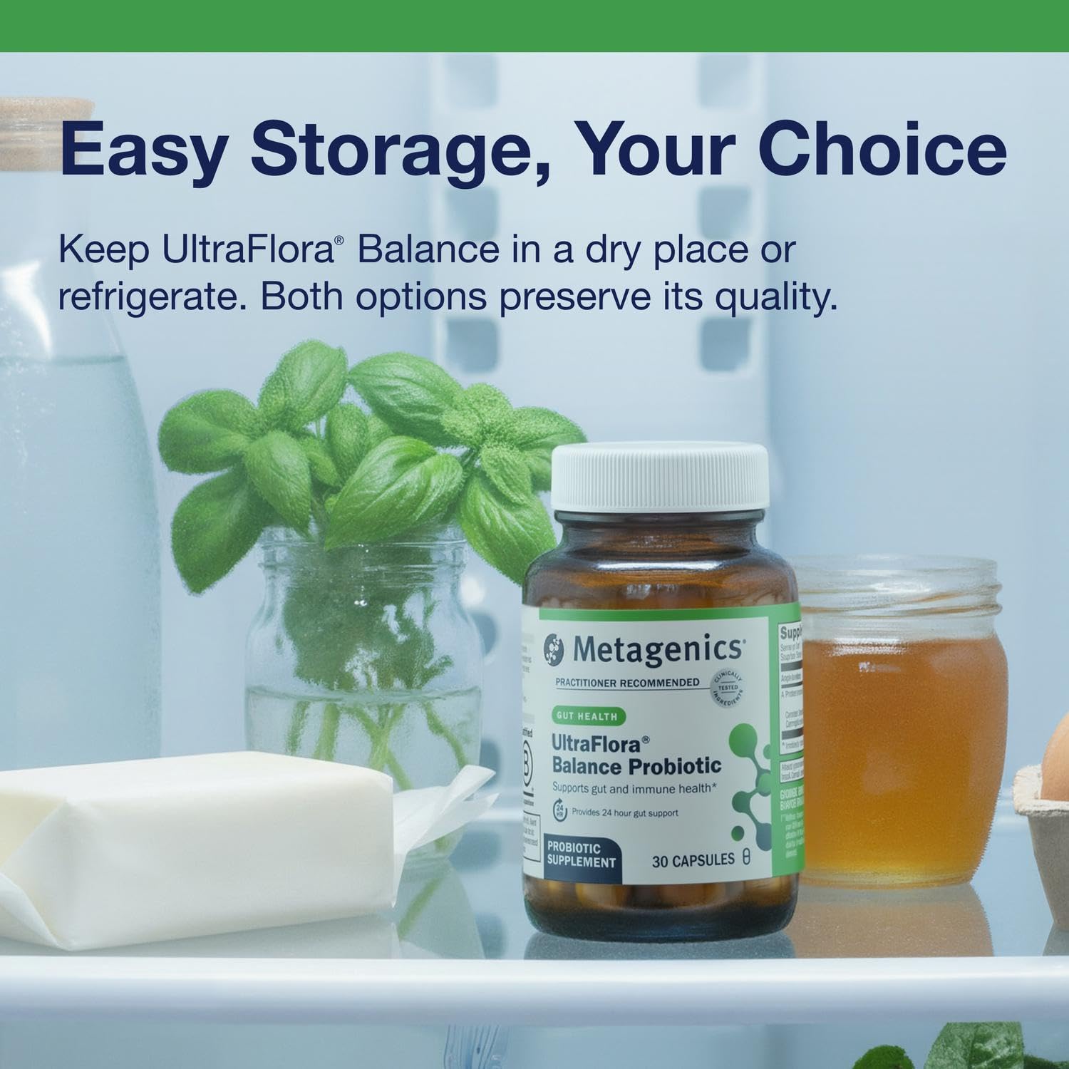 Box and bottle shown in lifestyle setting for Metagenics UltraFlora Balance