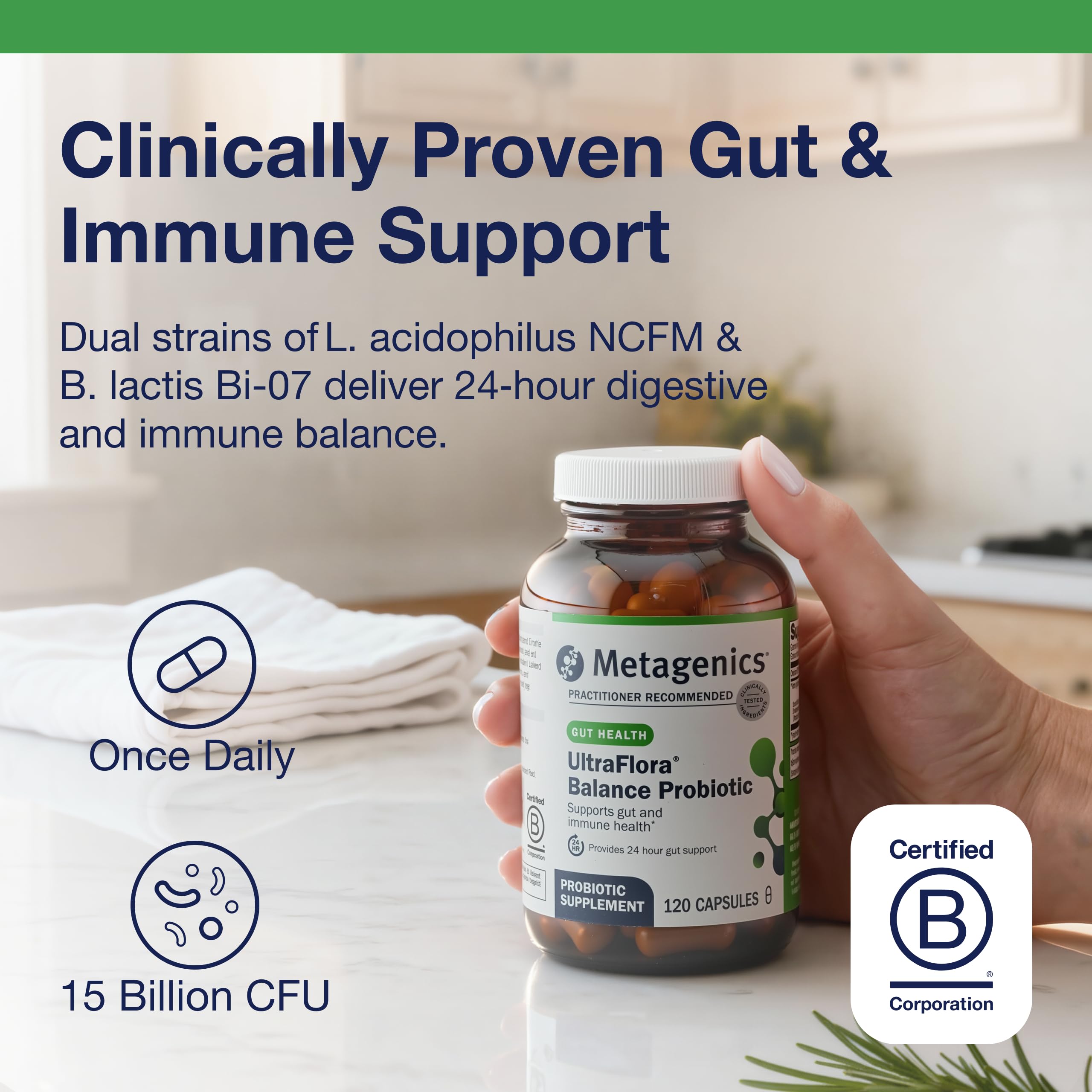 Shelf-stable probiotic container with 15 Billion CFU claim