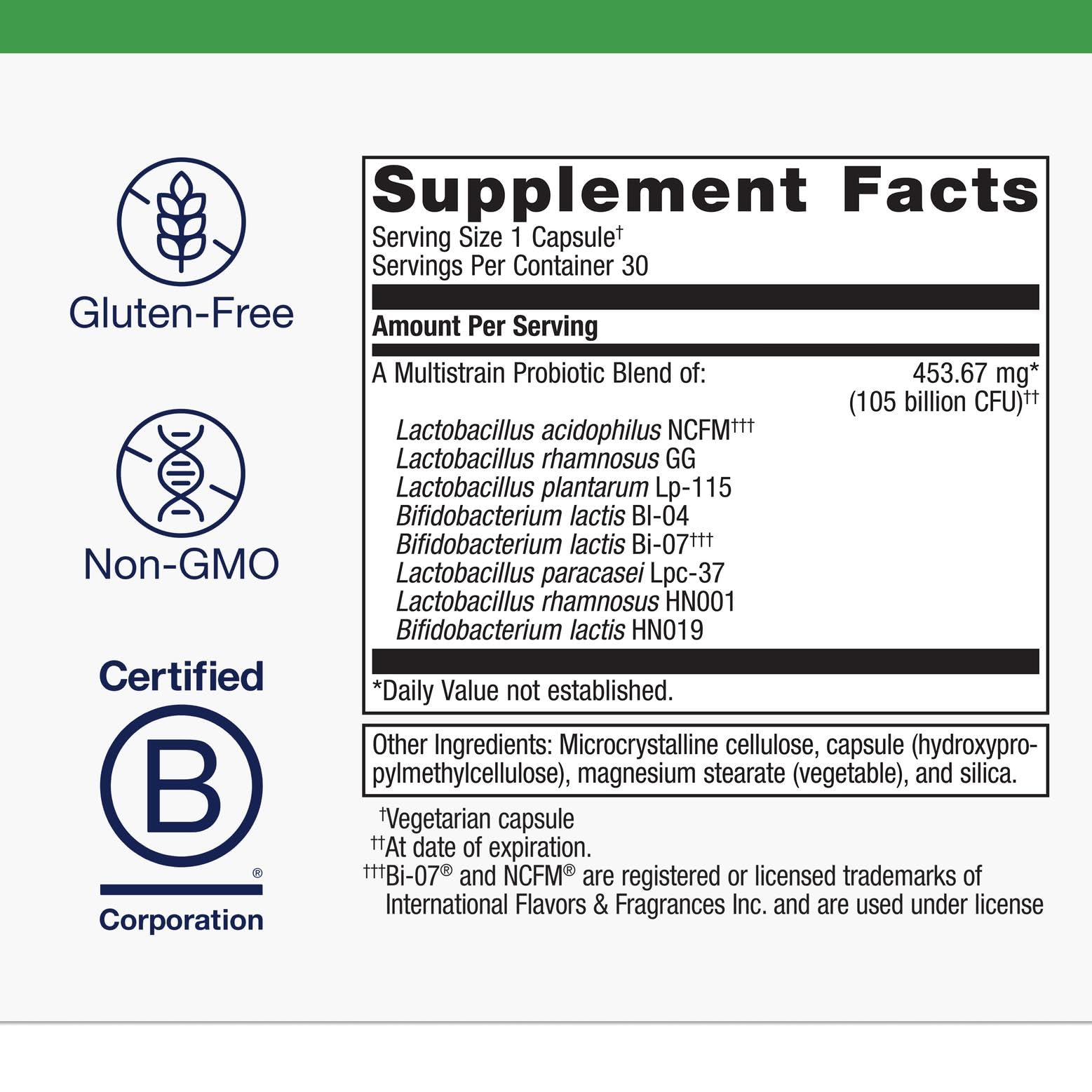 Back label with ingredients and supplement facts for UltraFlora BiomePro bottle
