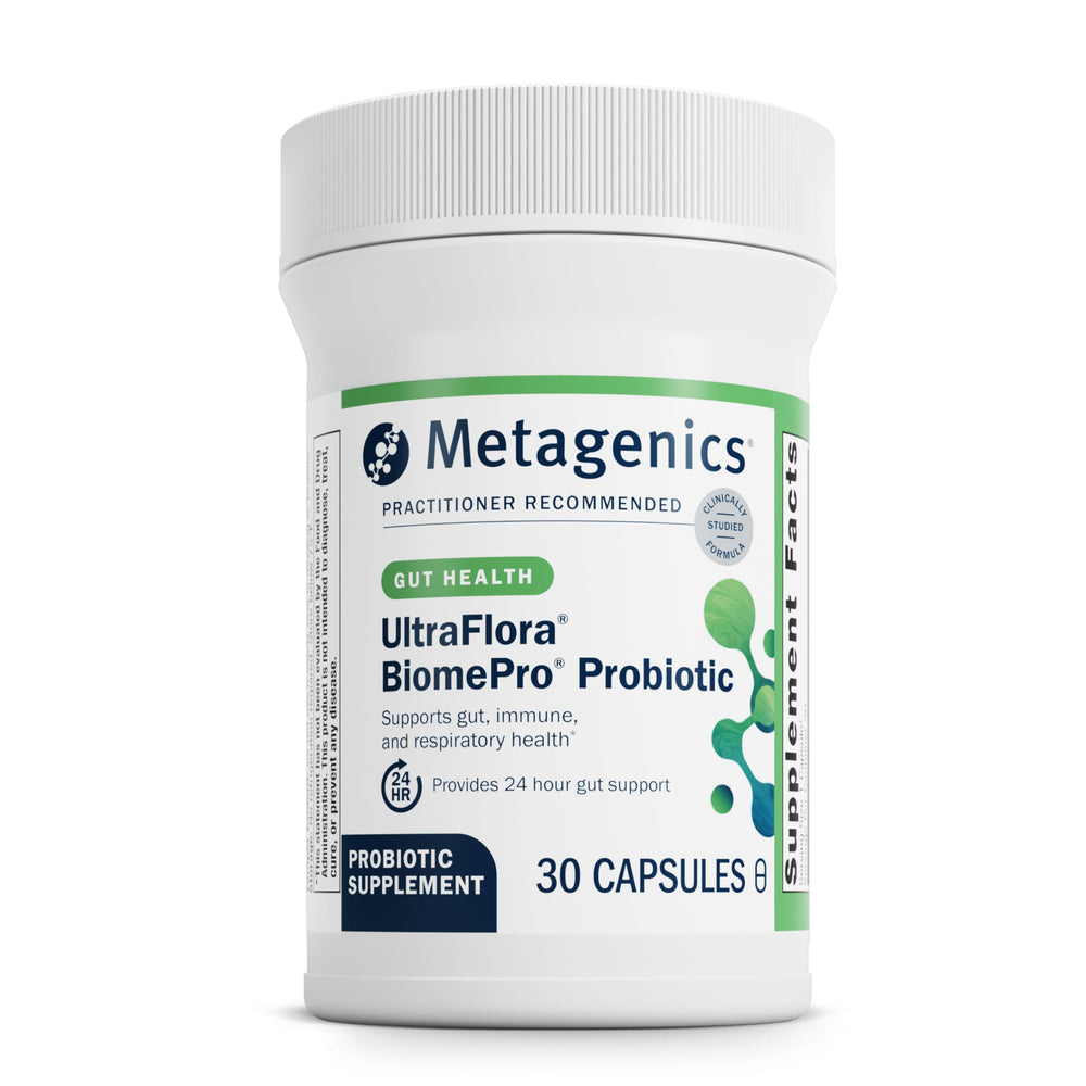 Bottle front of Metagenics UltraFlora BiomePro Probiotic 30 capsules