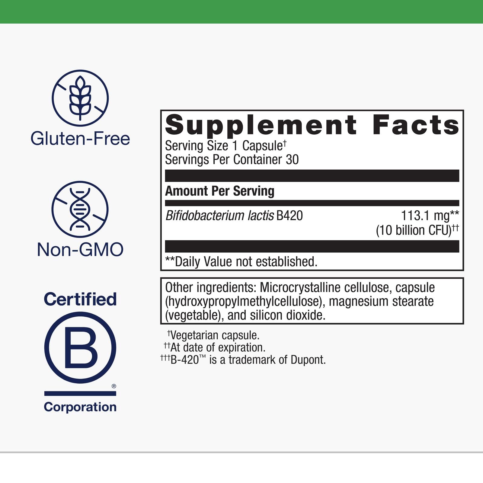 Shelf-stable probiotic formula packaging with non-GMO badge