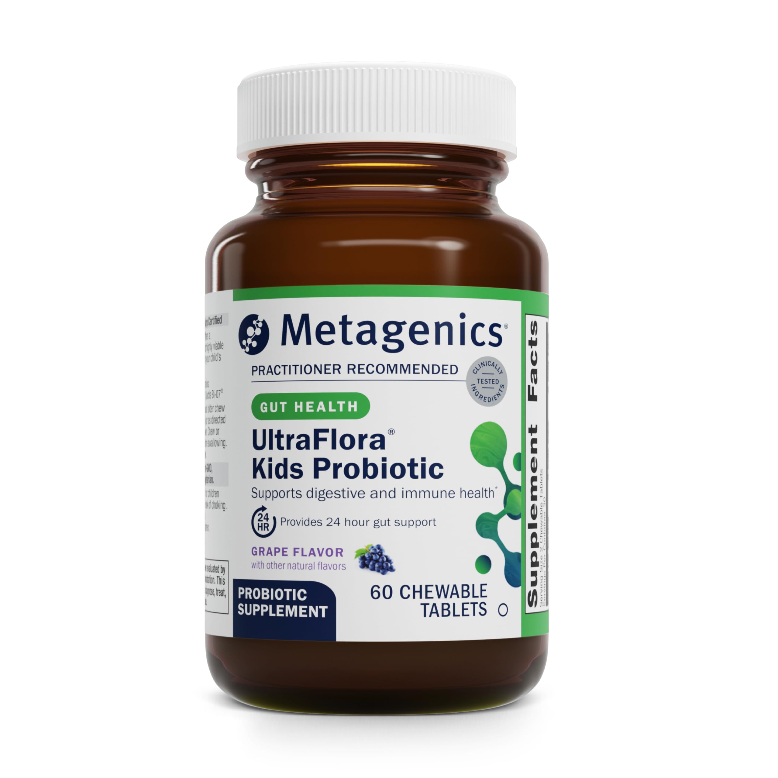 Metagenics UltraFlora Kids Probiotic bottle with 60 chewable tablets, 10 Billion CFU