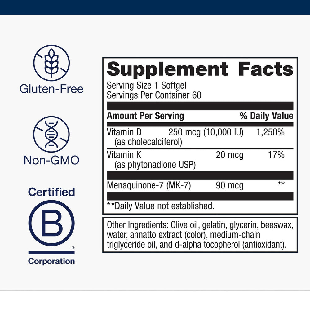 Close-up of Metagenics D3 + K2 MK-7 softgels in bottle