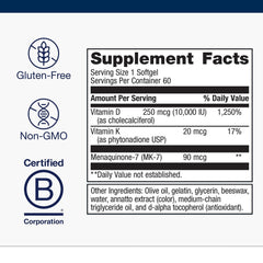 Close-up of Metagenics D3 + K2 MK-7 softgels in bottle