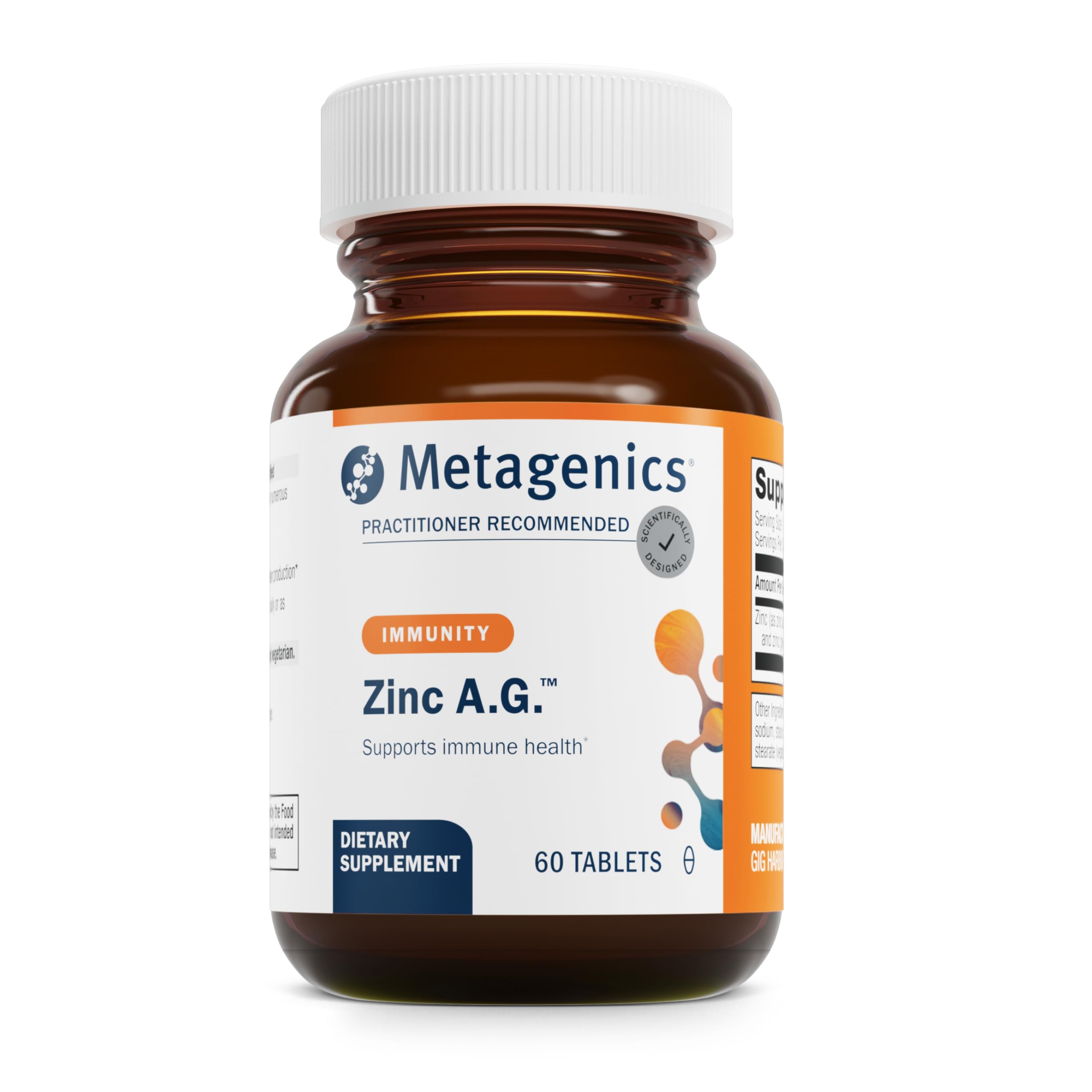 Metagenics Zinc A.G. bottle with 60 tablets showing arginine and glycine chelate