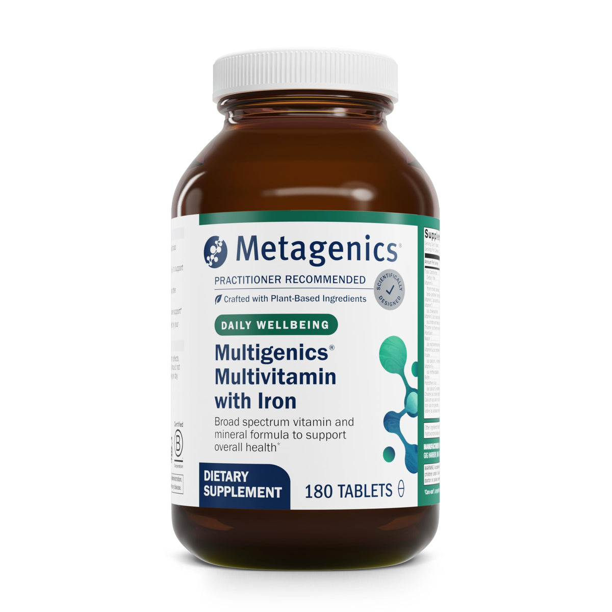 Front view of Metagenics Multigenics Multivitamin with Iron bottle